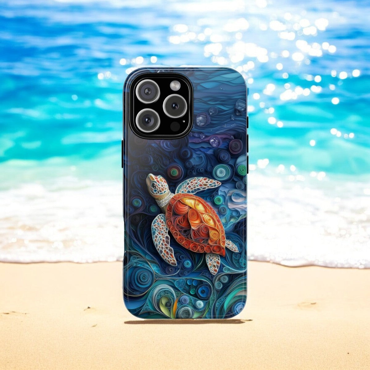 Sea Turtle Phone Case, Paper Quilling Design, Stained Glass Look - Tough Case for iPhone 16 15 14 13 12 11 10 9 8